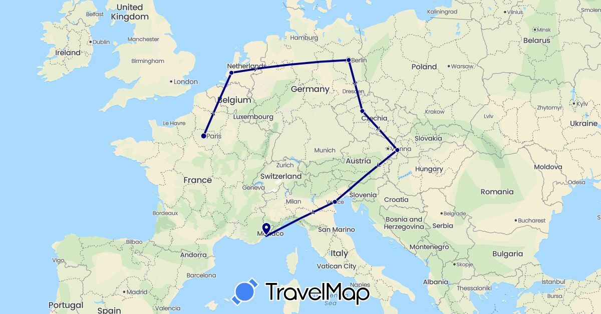 TravelMap itinerary: driving in Czech Republic, Germany, France, Italy, Netherlands, Slovakia (Europe)